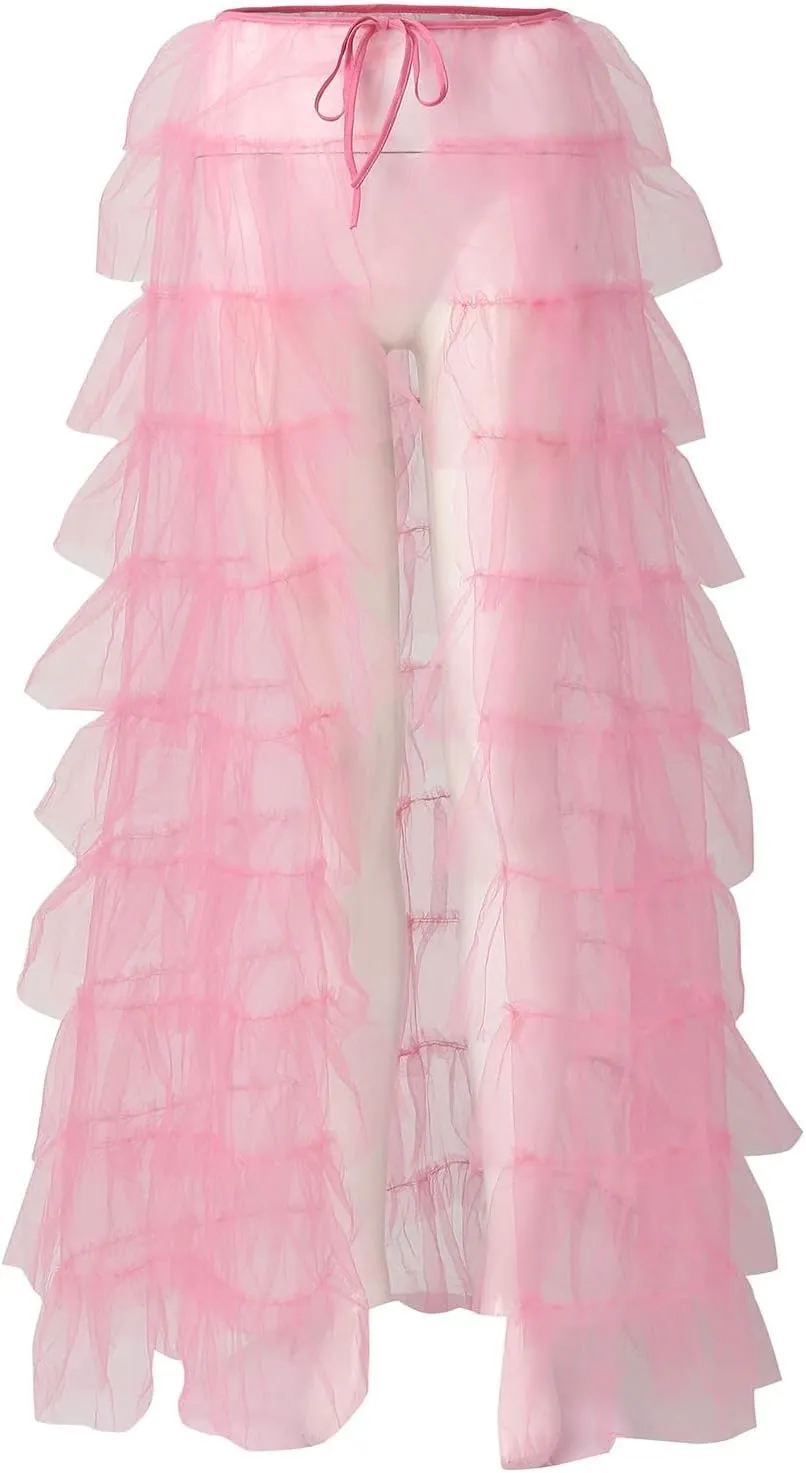 Tiered Skirts for Women High Waisted Sheer Mesh Midi Length Bohemian Skirt with Elastic Waist Flowy Chiffon Layers