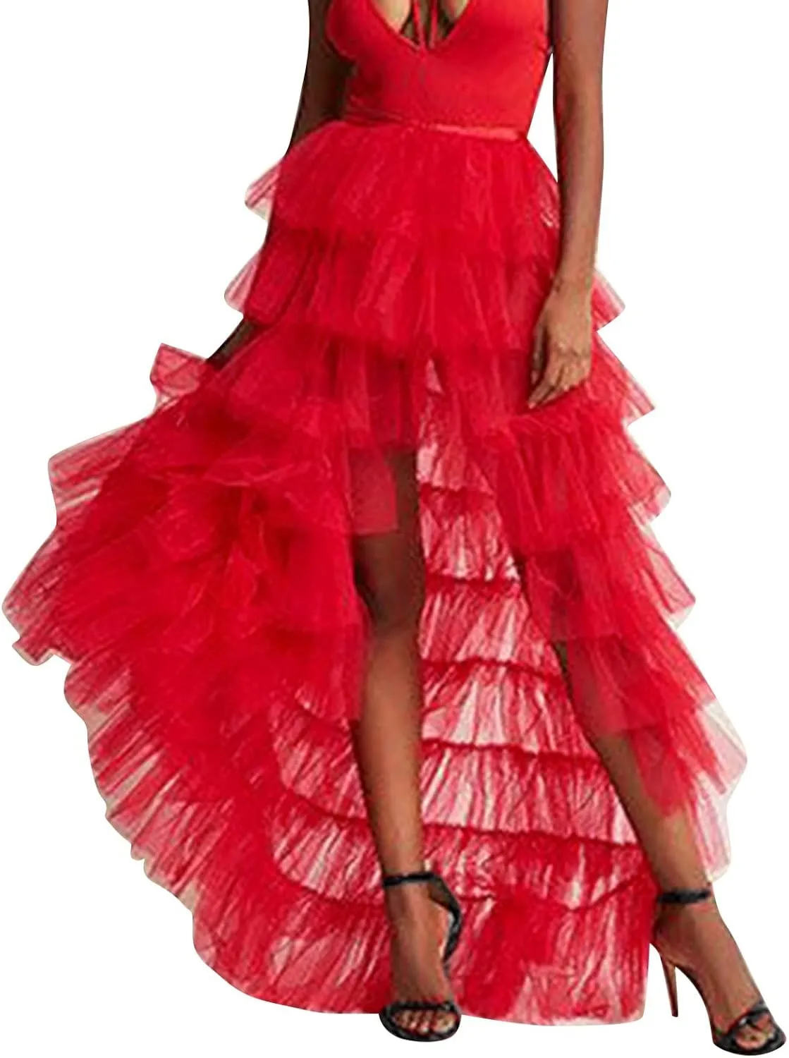 Tiered Skirts for Women High Waisted Sheer Mesh Midi Length Bohemian Skirt with Elastic Waist Flowy Chiffon Layers