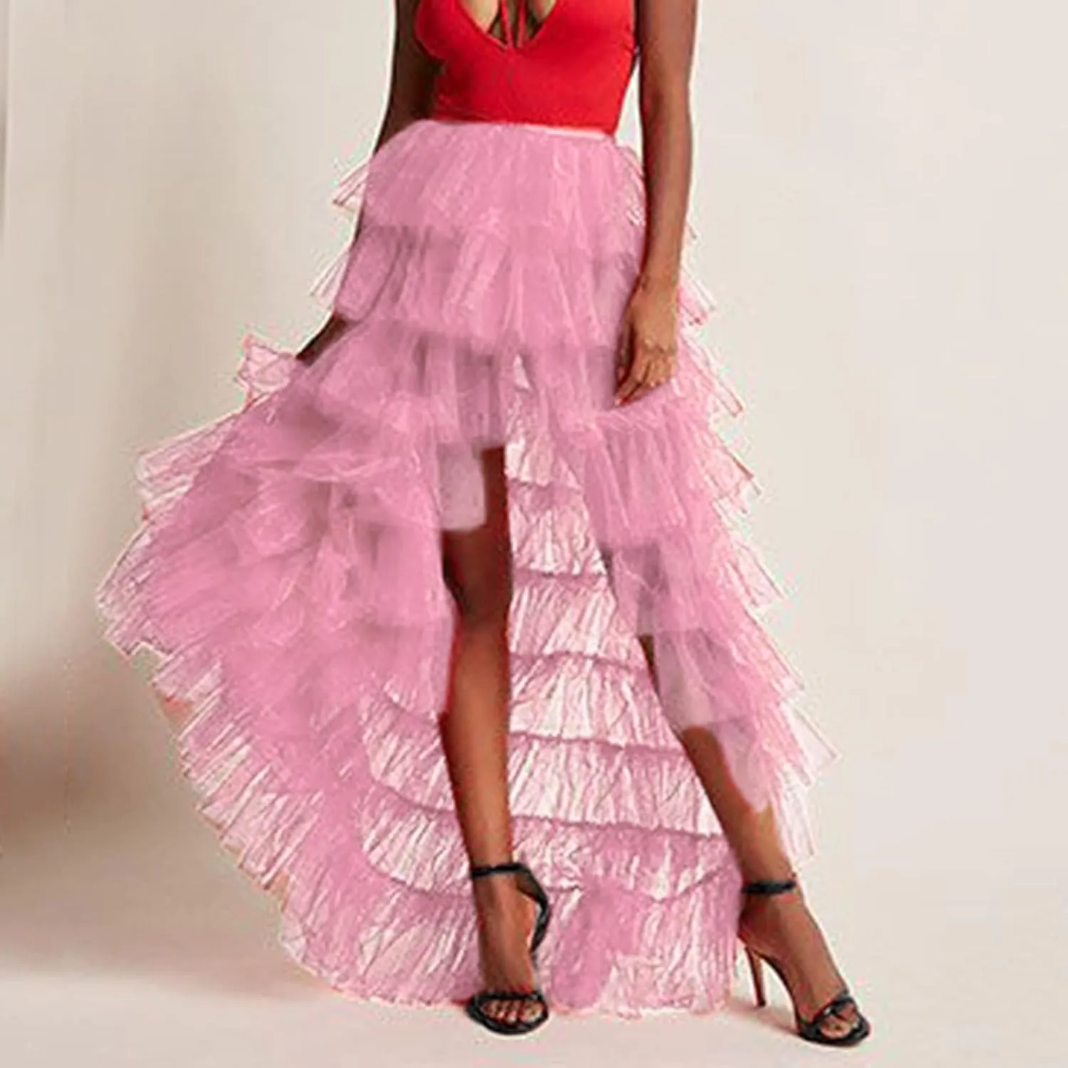 Tiered Skirts for Women High Waisted Sheer Mesh Midi Length Bohemian Skirt with Elastic Waist Flowy Chiffon Layers