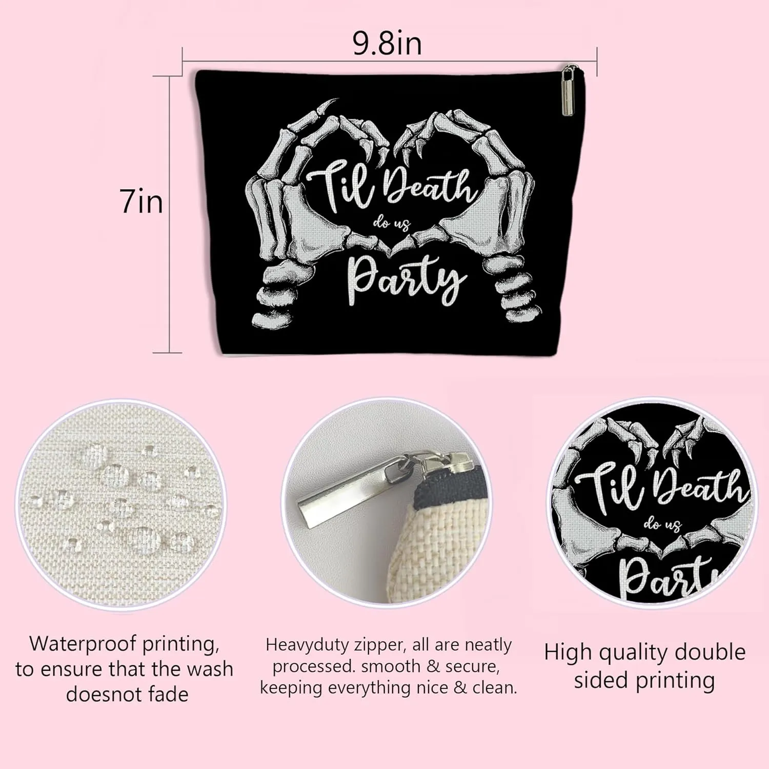 Till Death Do Us Party Makeup Bag Cool Die Bachelorette Theme Black Cosmetic Bag with Zipper Women Who Love Gothic Edgy Accessories