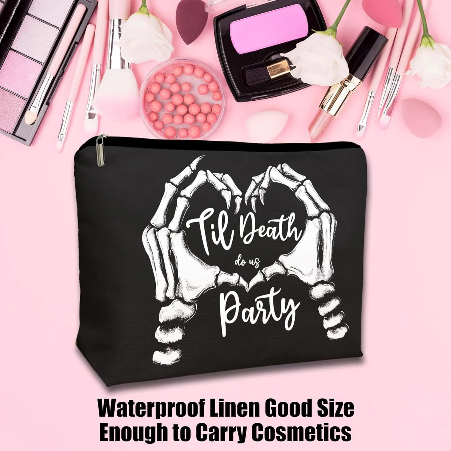 Till Death Do Us Party Makeup Bag Cool Die Bachelorette Theme Black Cosmetic Bag with Zipper Women Who Love Gothic Edgy Accessories