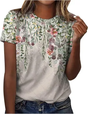 Trendy Tops for Women 2024 Cute Boho Floral Print Summer Shirts Casual Short Sleeve Graphic Tshirt Petite Blouse