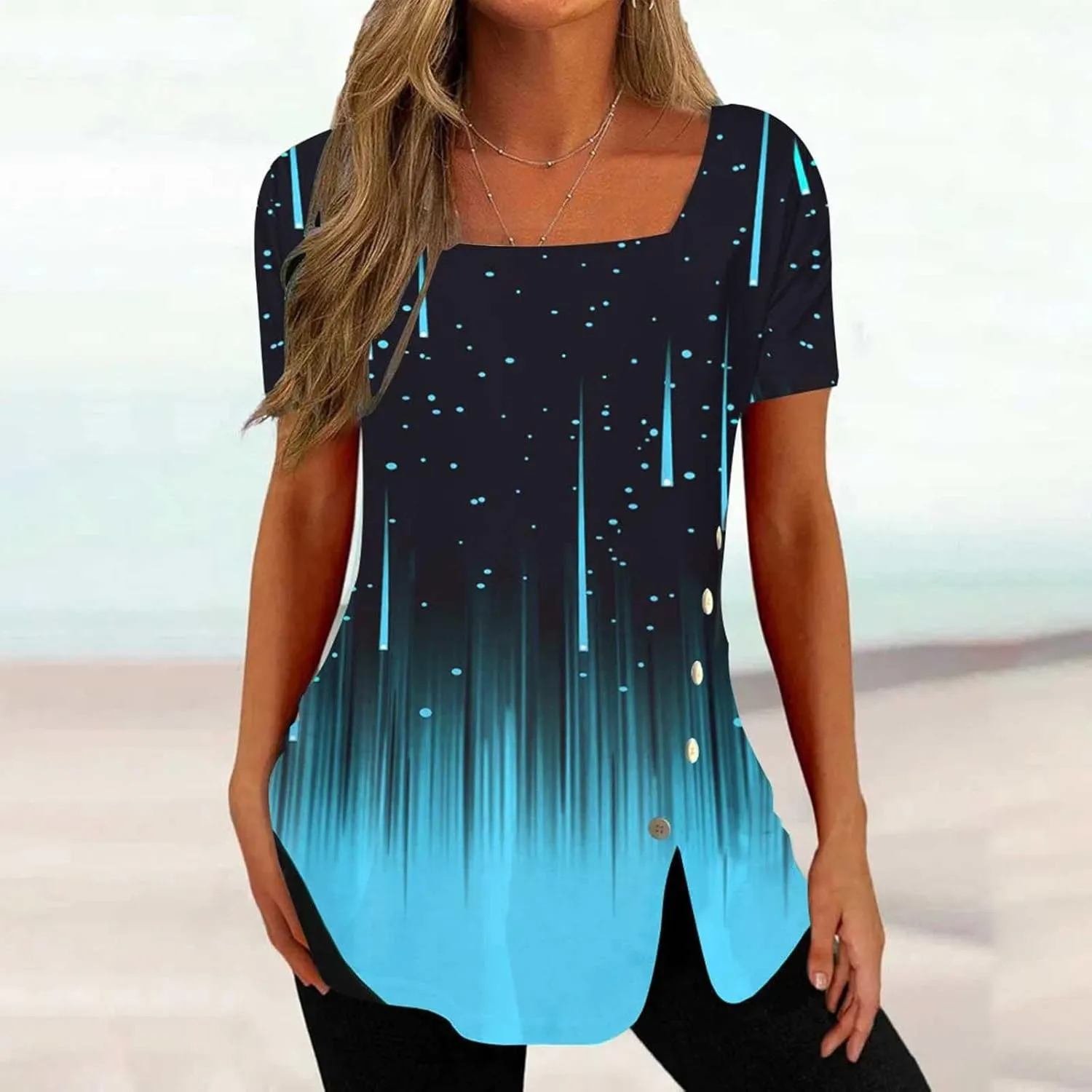 Tunic Tops for Women Trendy 2024 Boho Floral Print Summer Shirts Dressy Casual Square Neck Short Sleeve Blouses