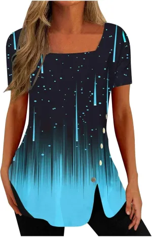 Tunic Tops for Women Trendy 2024 Boho Floral Print Summer Shirts Dressy Casual Square Neck Short Sleeve Blouses