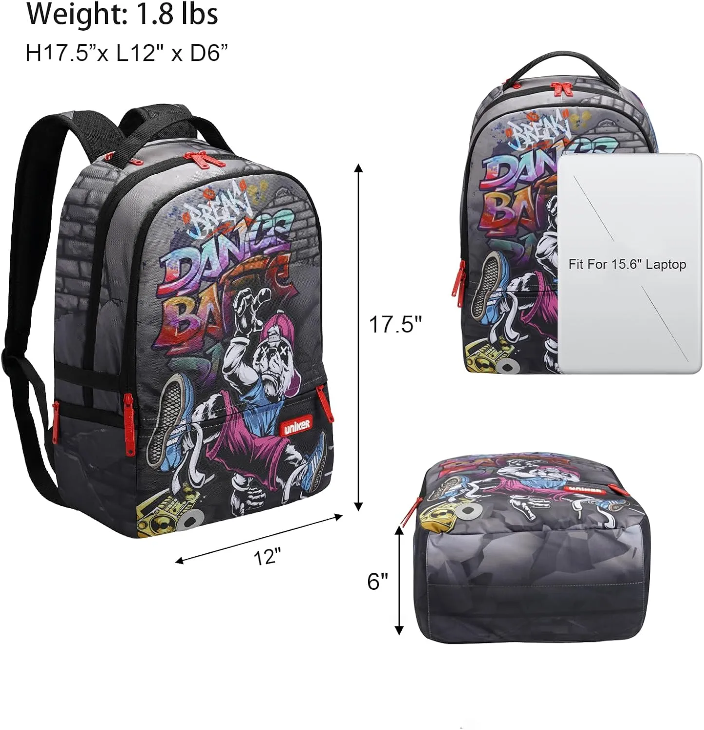 UNIKER Graffiti Laptop Backpack for 15.6 Inch Laptop Work Travel, Designer Daypack Edgy College Backpack Computer Bag,Panda Break Dancer Hiphop