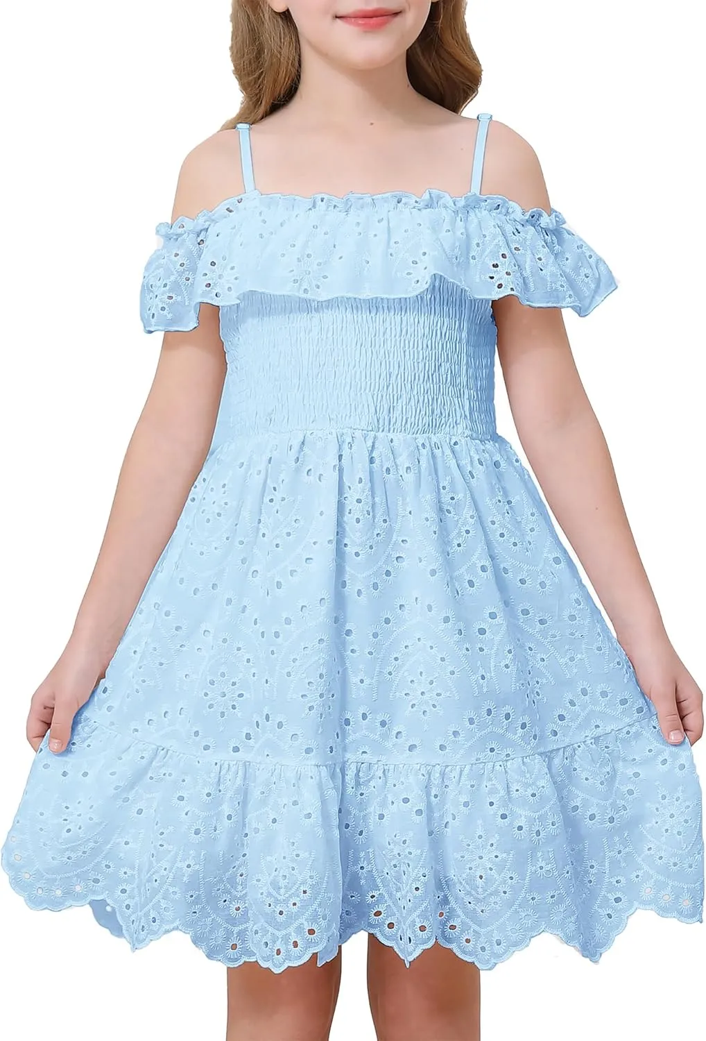 Weebaby Tween Girls Dresses Summer Outfits Smocked Dress Casual Sundress Lace Teen Girl Clothes 7-14 Years