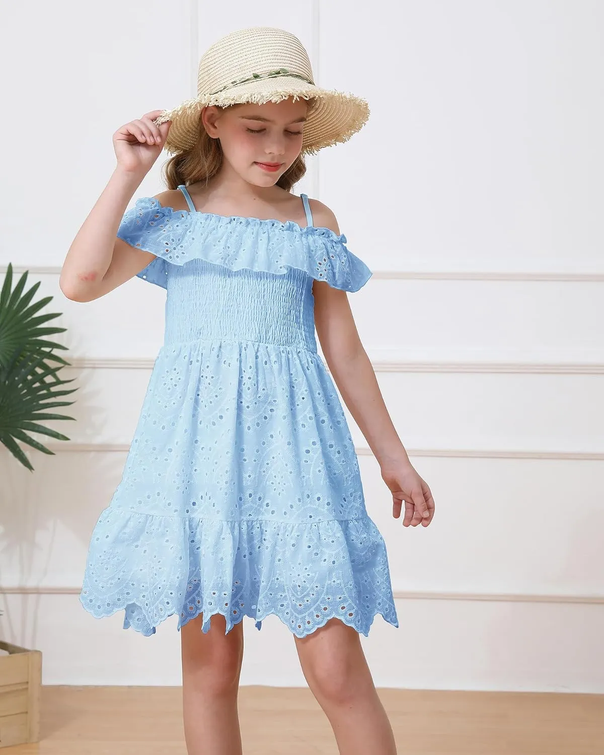 Weebaby Tween Girls Dresses Summer Outfits Smocked Dress Casual Sundress Lace Teen Girl Clothes 7-14 Years