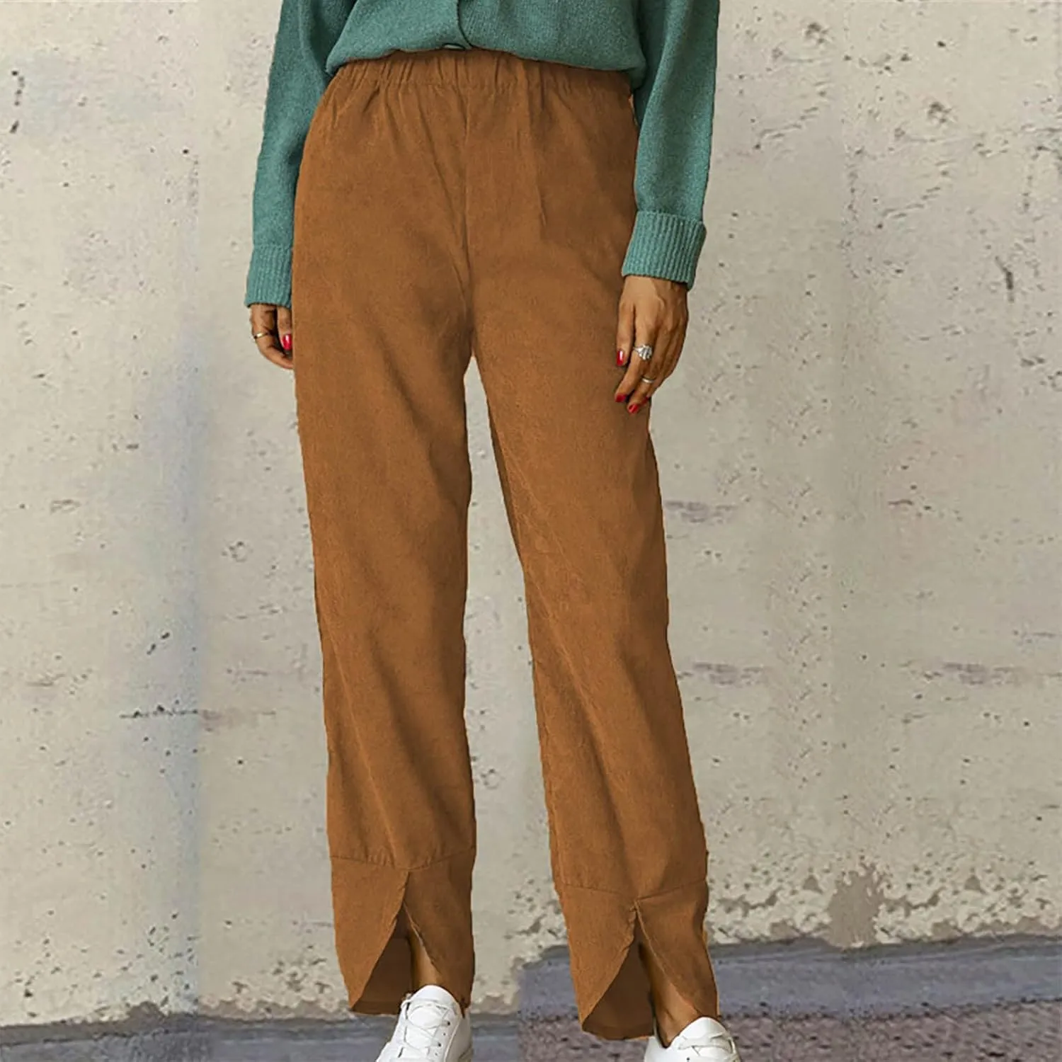 Wide Leg Pants Business Casual Straight Office Trousers for Women Solid Color Elastic Waist Curved Slit Lounge Pants