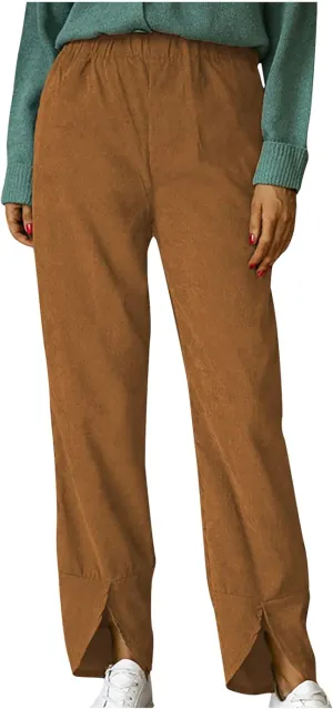 Wide Leg Pants Business Casual Straight Office Trousers for Women Solid Color Elastic Waist Curved Slit Lounge Pants