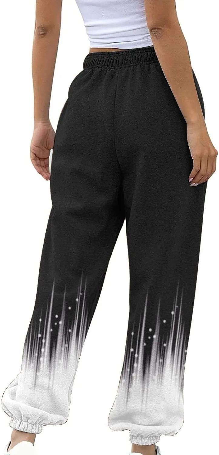 Wide Leg Sweatpants for Women Print High Waist Trouser with Pocket Cinch Bottom Pants Casual Athletic Pants