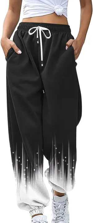 Wide Leg Sweatpants for Women Print High Waist Trouser with Pocket Cinch Bottom Pants Casual Athletic Pants