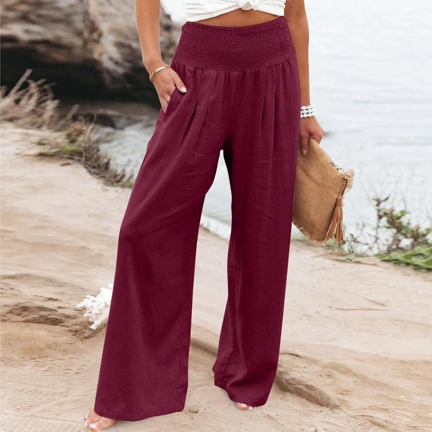 Wide Leg Trousers Women High Waist Straight Cotton Linen Pants Solid Color Elastic Waist Casual Pants Trousers