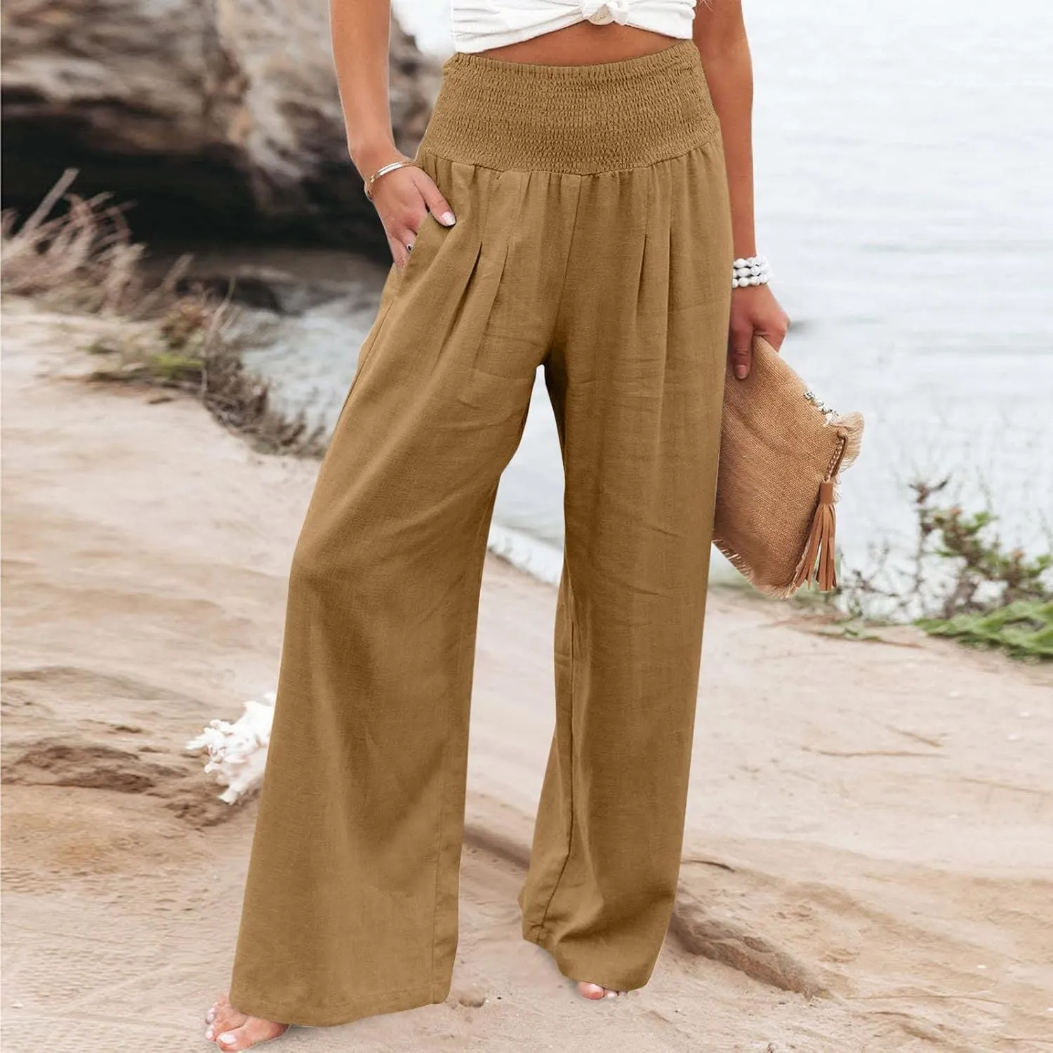Wide Leg Trousers Women High Waist Straight Cotton Linen Pants Solid Color Elastic Waist Casual Pants Trousers