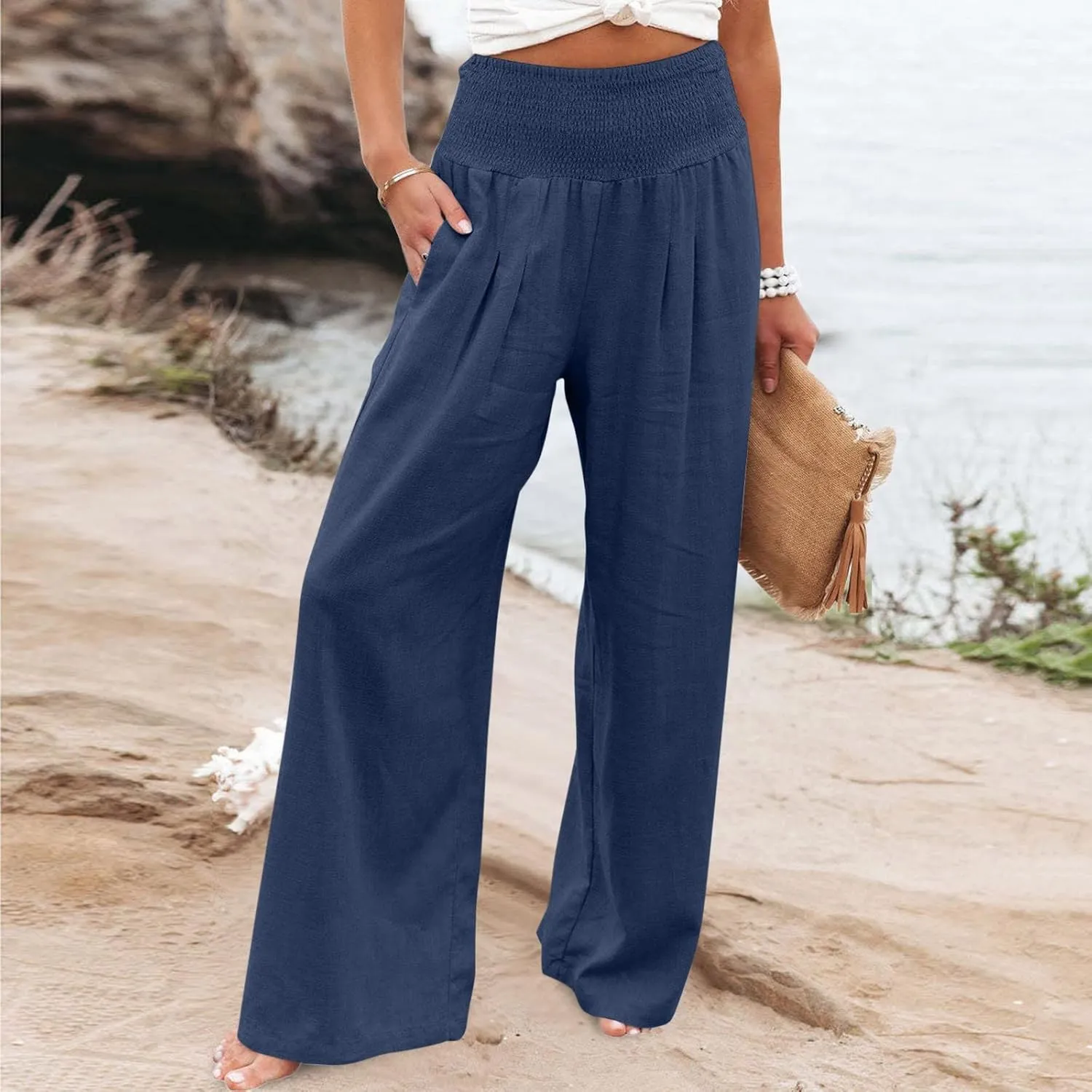 Wide Leg Trousers Women High Waist Straight Cotton Linen Pants Solid Color Elastic Waist Casual Pants Trousers