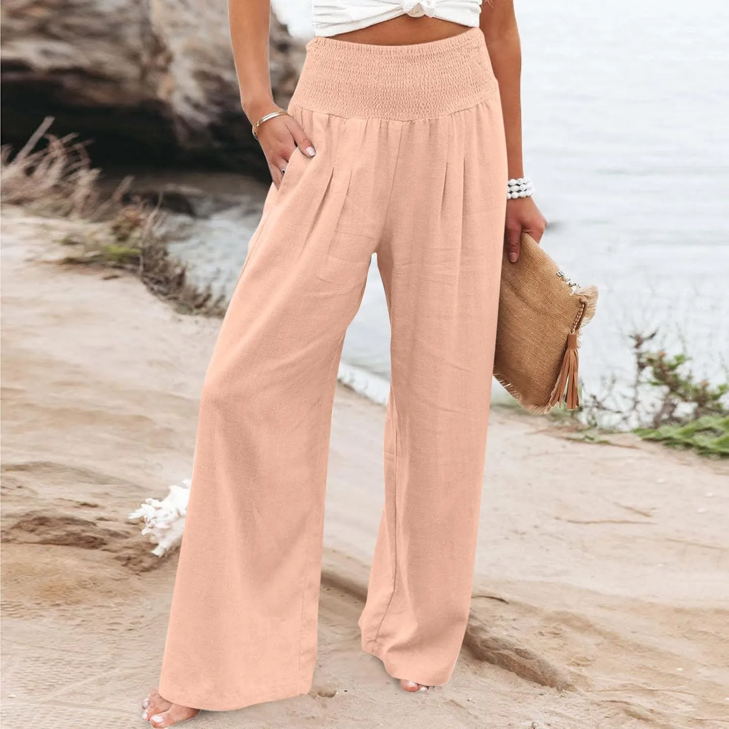Wide Leg Trousers Women High Waist Straight Cotton Linen Pants Solid Color Elastic Waist Casual Pants Trousers