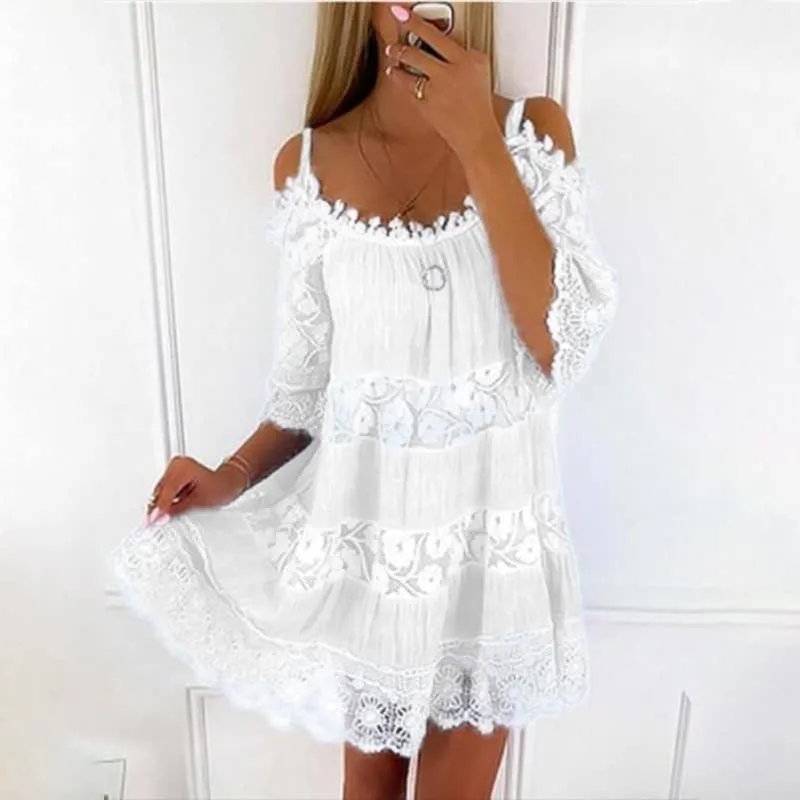 Women Boho Lace Floral Cold Shoulder Midi Dress Spaghetti Strap Half Sleeve Casual Flowy Beach Vacation Dress
