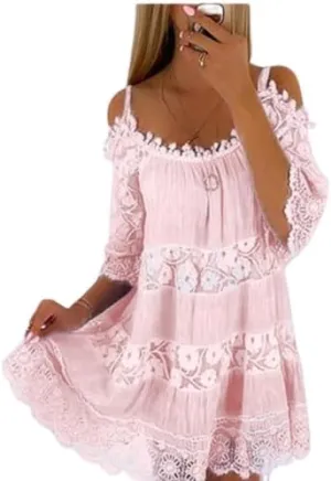 Women Boho Lace Floral Cold Shoulder Midi Dress Spaghetti Strap Half Sleeve Casual Flowy Beach Vacation Dress
