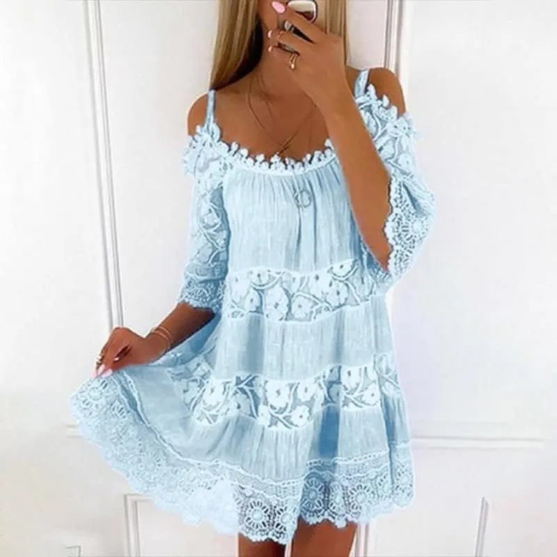 Women Boho Lace Floral Cold Shoulder Midi Dress Spaghetti Strap Half Sleeve Casual Flowy Beach Vacation Dress