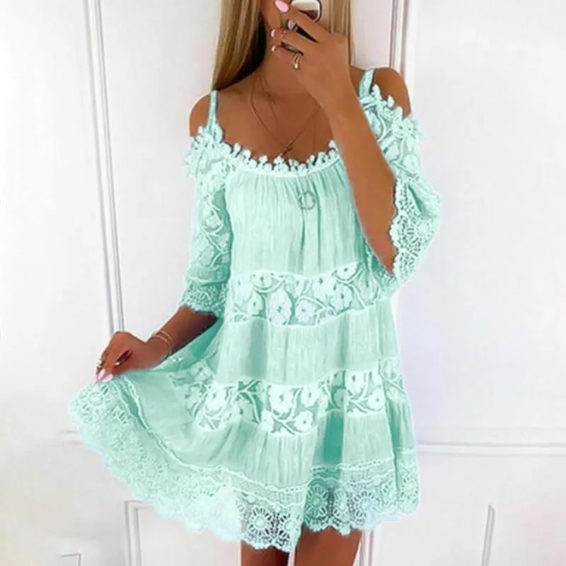 Women Boho Lace Floral Cold Shoulder Midi Dress Spaghetti Strap Half Sleeve Casual Flowy Beach Vacation Dress