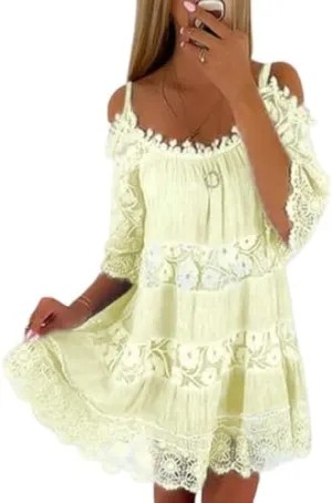 Women Boho Lace Floral Cold Shoulder Midi Dress Spaghetti Strap Half Sleeve Casual Flowy Beach Vacation Dress