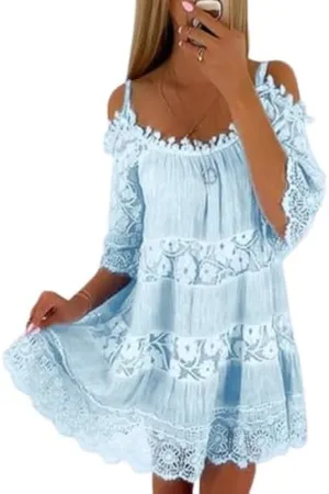 Women Boho Lace Floral Cold Shoulder Midi Dress Spaghetti Strap Half Sleeve Casual Flowy Beach Vacation Dress