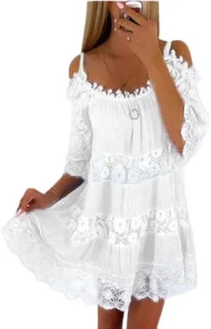 Women Boho Lace Floral Cold Shoulder Midi Dress Spaghetti Strap Half Sleeve Casual Flowy Beach Vacation Dress