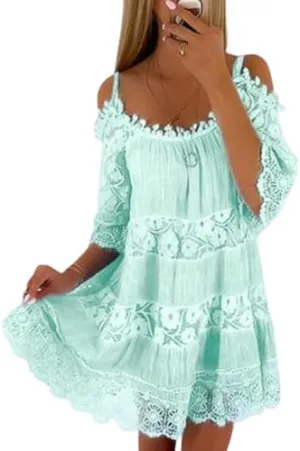 Women Boho Lace Floral Cold Shoulder Midi Dress Spaghetti Strap Half Sleeve Casual Flowy Beach Vacation Dress