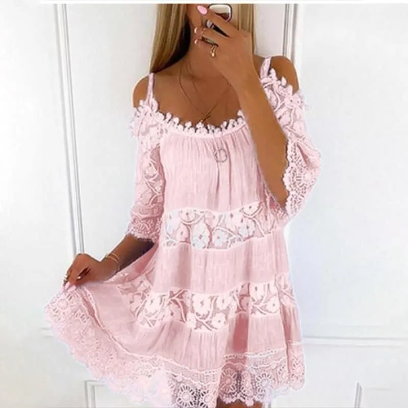 Women Boho Lace Floral Cold Shoulder Midi Dress Spaghetti Strap Half Sleeve Casual Flowy Beach Vacation Dress