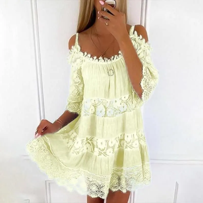 Women Boho Lace Floral Cold Shoulder Midi Dress Spaghetti Strap Half Sleeve Casual Flowy Beach Vacation Dress