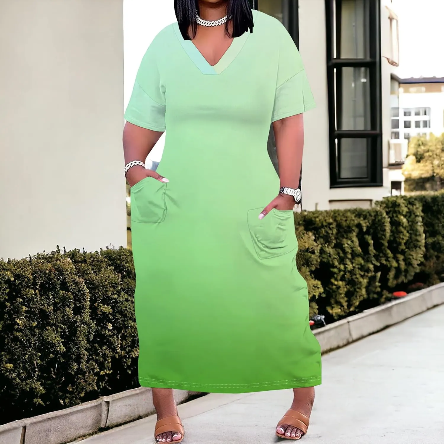 Women Casual T-Shirt Dress V Neck Short Sleeve with Front Two Pockets Solid Color Oversize Dresses