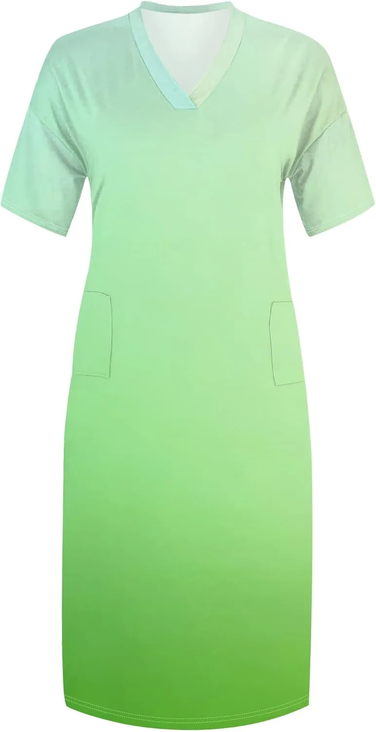 Women Casual T-Shirt Dress V Neck Short Sleeve with Front Two Pockets Solid Color Oversize Dresses