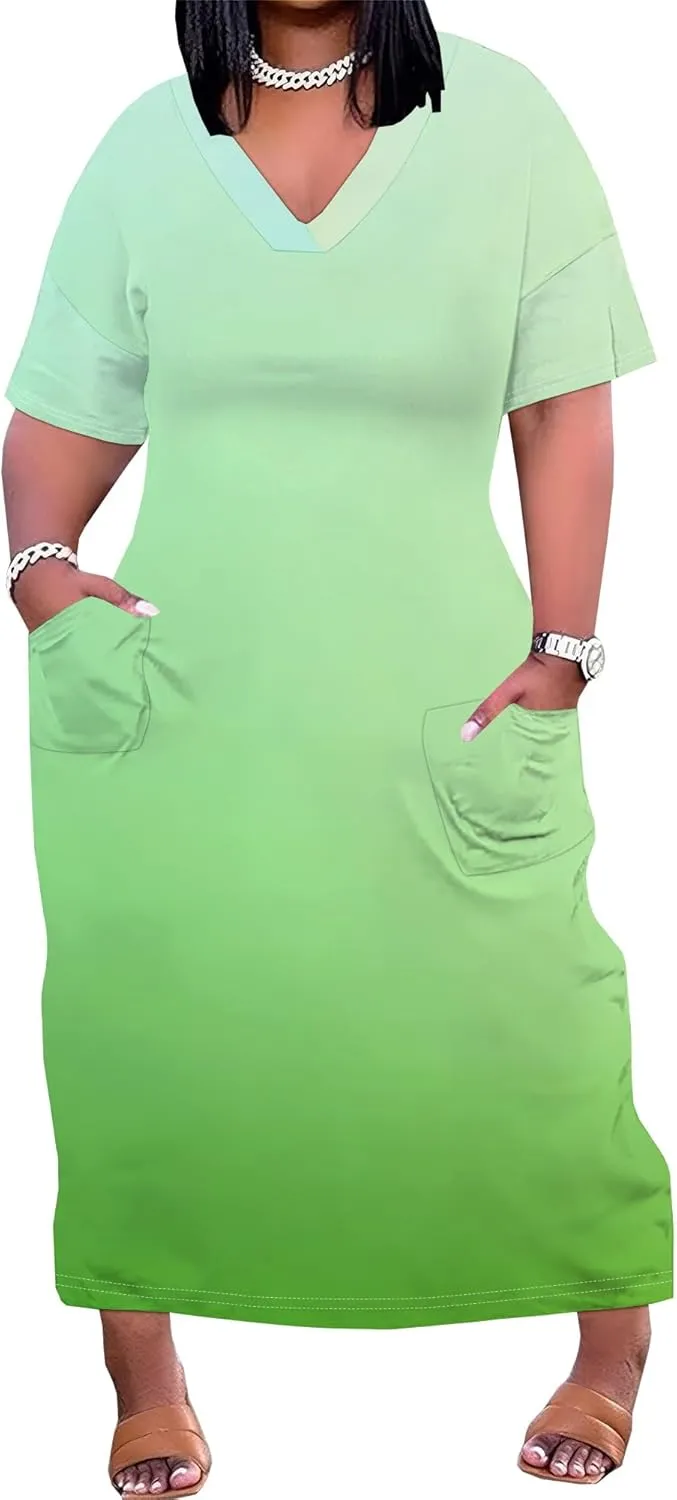 Women Casual T-Shirt Dress V Neck Short Sleeve with Front Two Pockets Solid Color Oversize Dresses