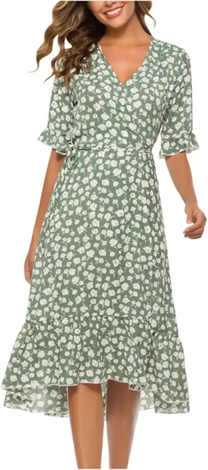 Women Dresses Summer 2024 Floral Side Slit Ruffle Hem Flowy A-Line Dress Casual Ruffle Short Sleeve V Neck Sundress