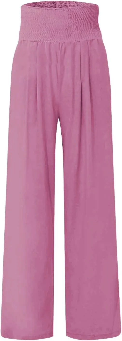 Women Linen Palazzo Pants Summer Boho Wide Leg High Waist Casual Lounge Slacks 2025 Beach Travel Vacation Outfits