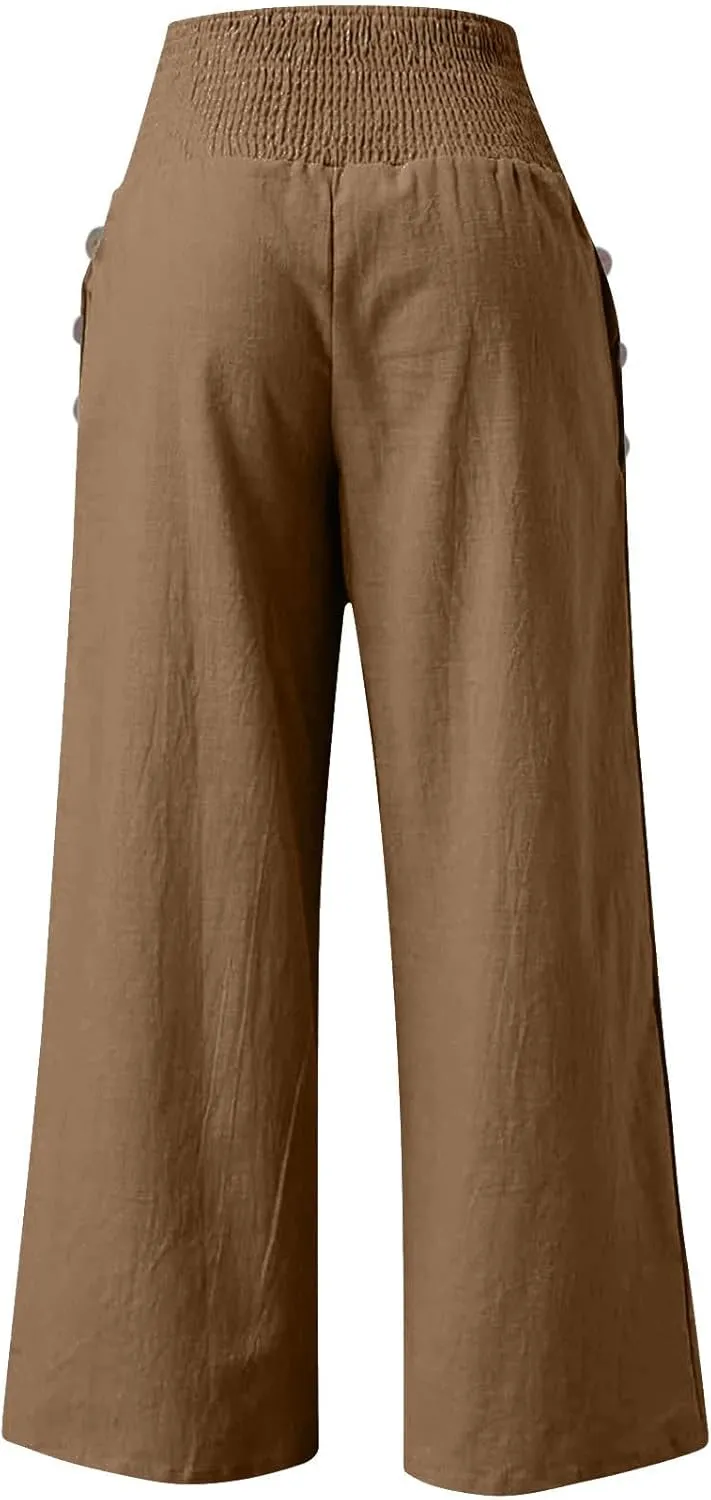 Women Linen Palazzo Pants Summer Boho Wide Leg High Waist Casual Lounge Slacks 2025 Beach Travel Vacation Outfits