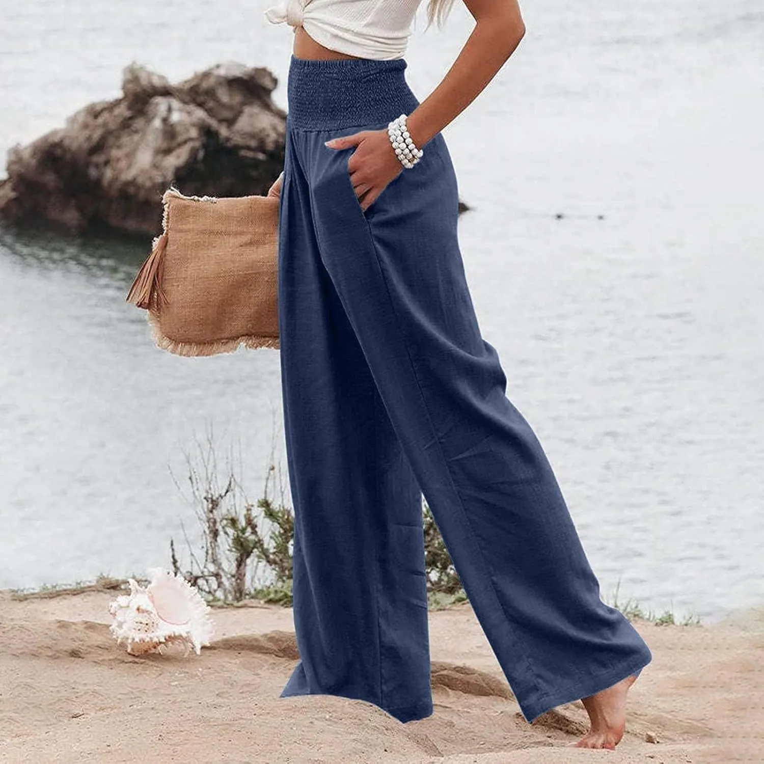Women Linen Palazzo Pants Summer Boho Wide Leg High Waist Casual Lounge Slacks 2025 Beach Travel Vacation Outfits