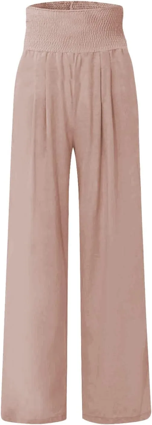 Women Linen Palazzo Pants Summer Boho Wide Leg High Waist Casual Lounge Slacks 2025 Beach Travel Vacation Outfits