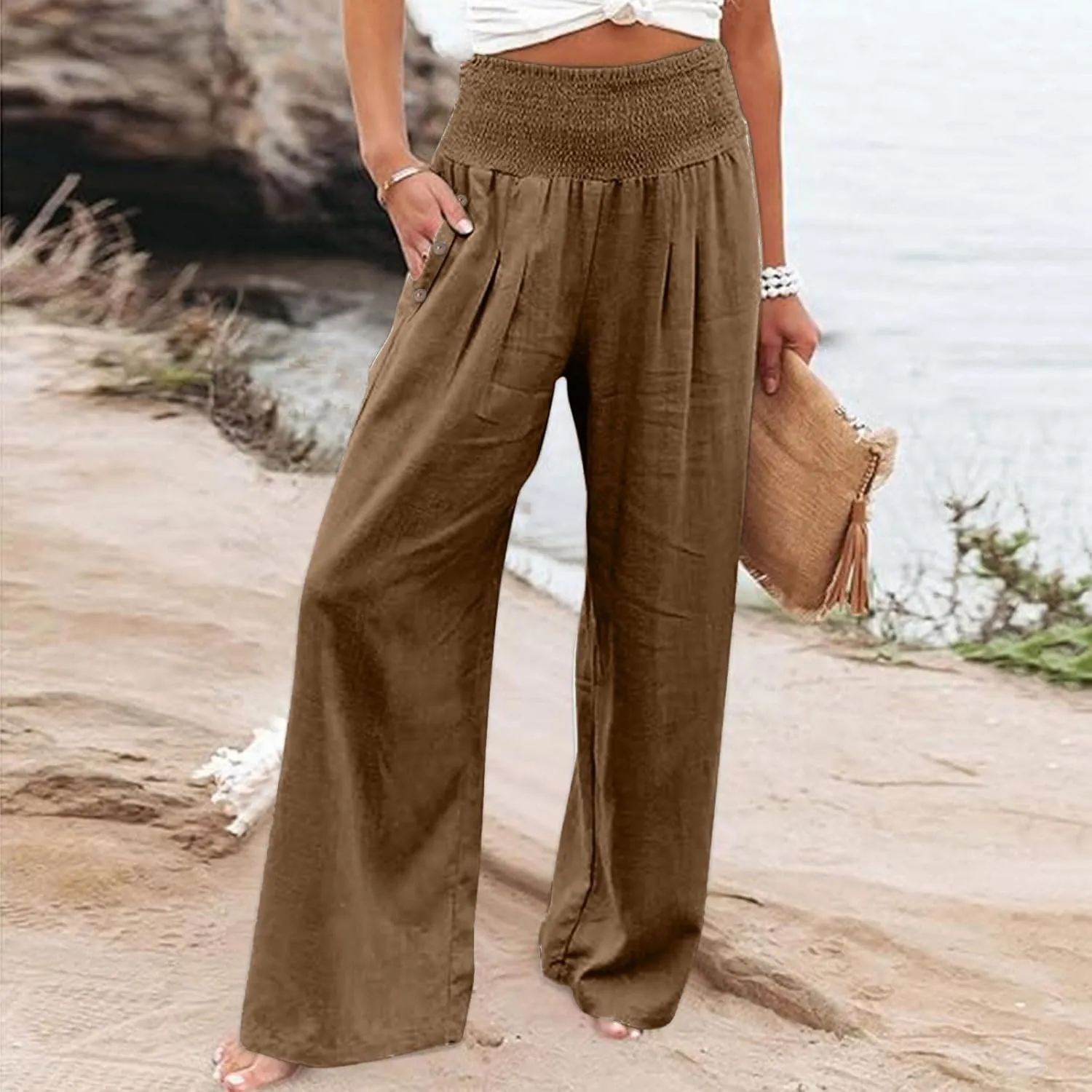 Women Linen Palazzo Pants Summer Boho Wide Leg High Waist Casual Lounge Slacks 2025 Beach Travel Vacation Outfits