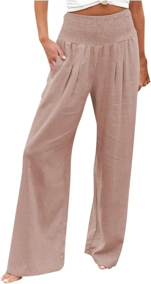 Women Linen Palazzo Pants Summer Boho Wide Leg High Waist Casual Lounge Slacks 2025 Beach Travel Vacation Outfits