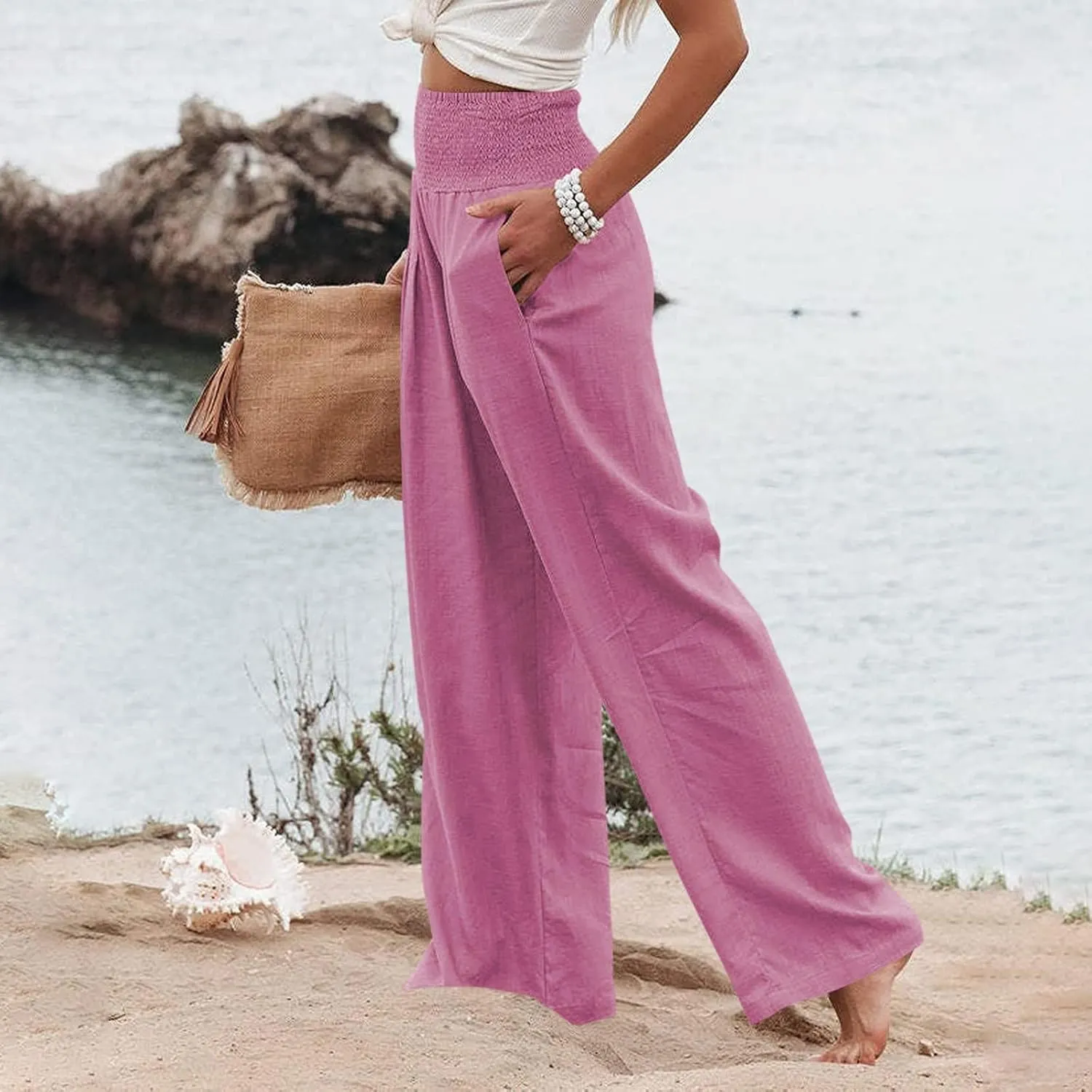 Women Linen Palazzo Pants Summer Boho Wide Leg High Waist Casual Lounge Slacks 2025 Beach Travel Vacation Outfits