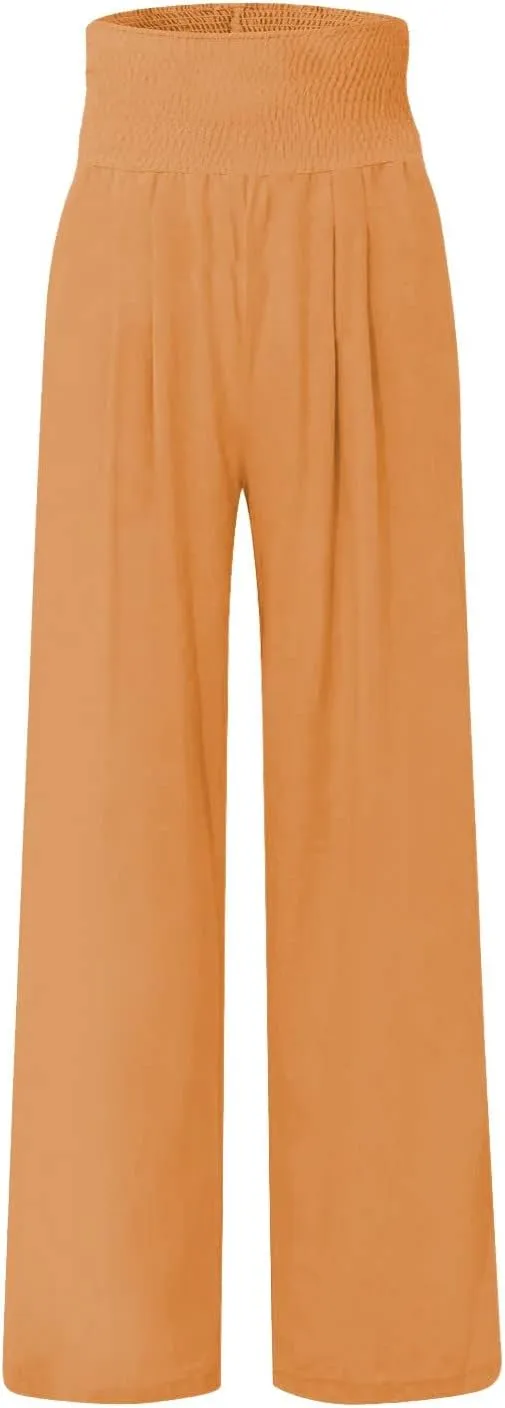 Women Linen Palazzo Pants Summer Boho Wide Leg High Waist Casual Lounge Slacks 2025 Beach Travel Vacation Outfits