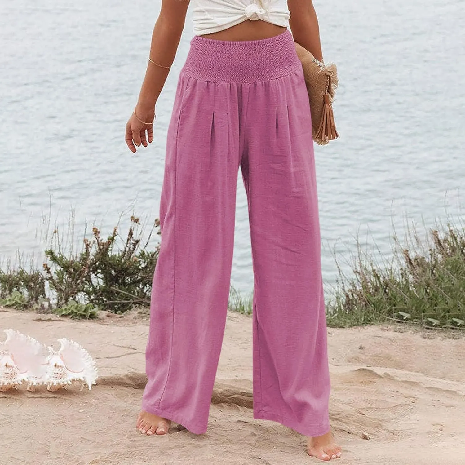 Women Linen Palazzo Pants Summer Boho Wide Leg High Waist Casual Lounge Slacks 2025 Beach Travel Vacation Outfits