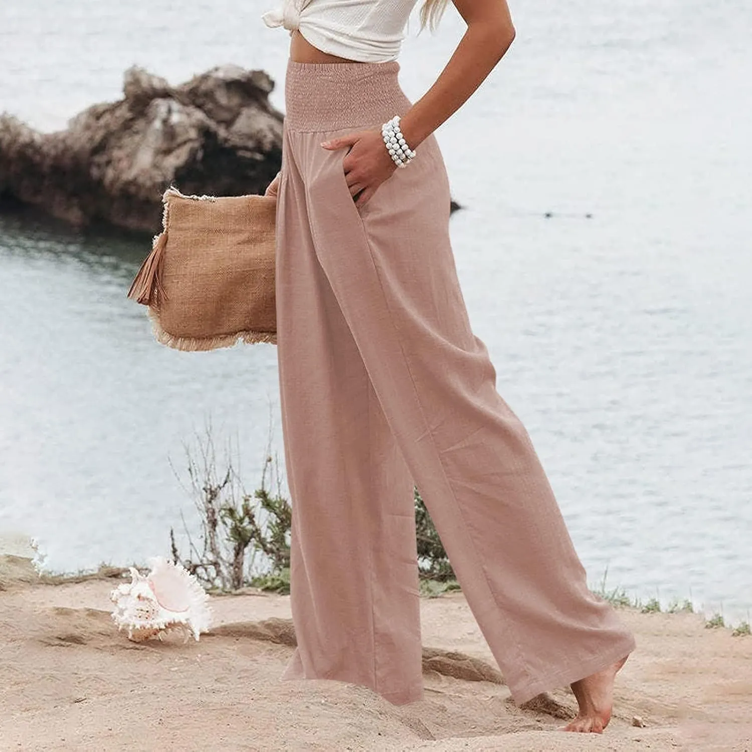 Women Linen Palazzo Pants Summer Boho Wide Leg High Waist Casual Lounge Slacks 2025 Beach Travel Vacation Outfits