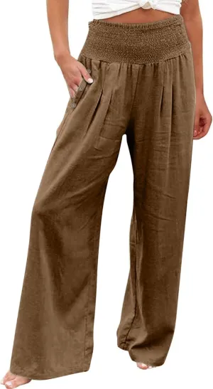 Women Linen Palazzo Pants Summer Boho Wide Leg High Waist Casual Lounge Slacks 2025 Beach Travel Vacation Outfits