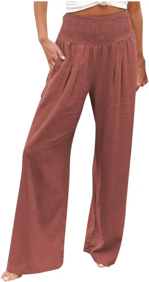 Women Linen Palazzo Pants Summer Boho Wide Leg High Waist Casual Lounge Slacks 2025 Beach Travel Vacation Outfits