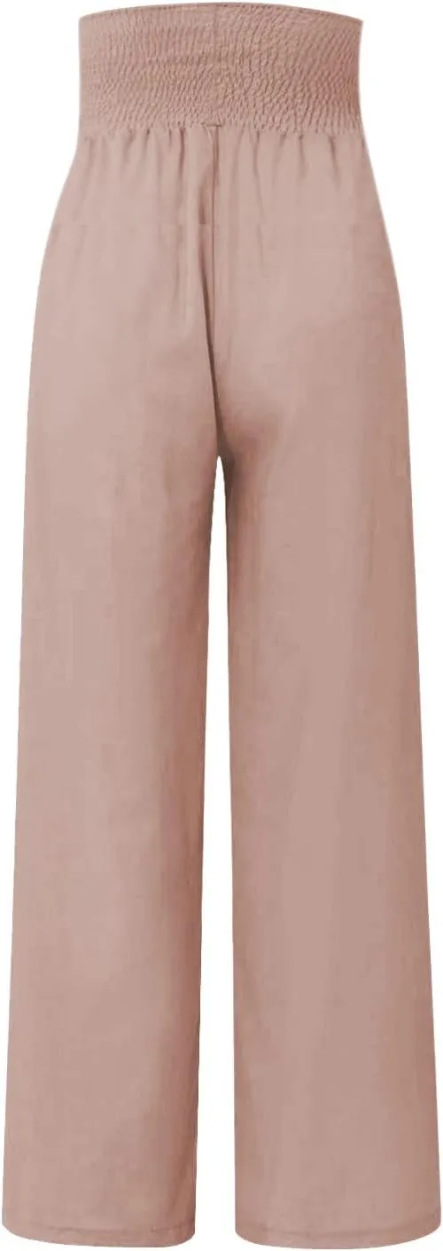 Women Linen Palazzo Pants Summer Boho Wide Leg High Waist Casual Lounge Slacks 2025 Beach Travel Vacation Outfits