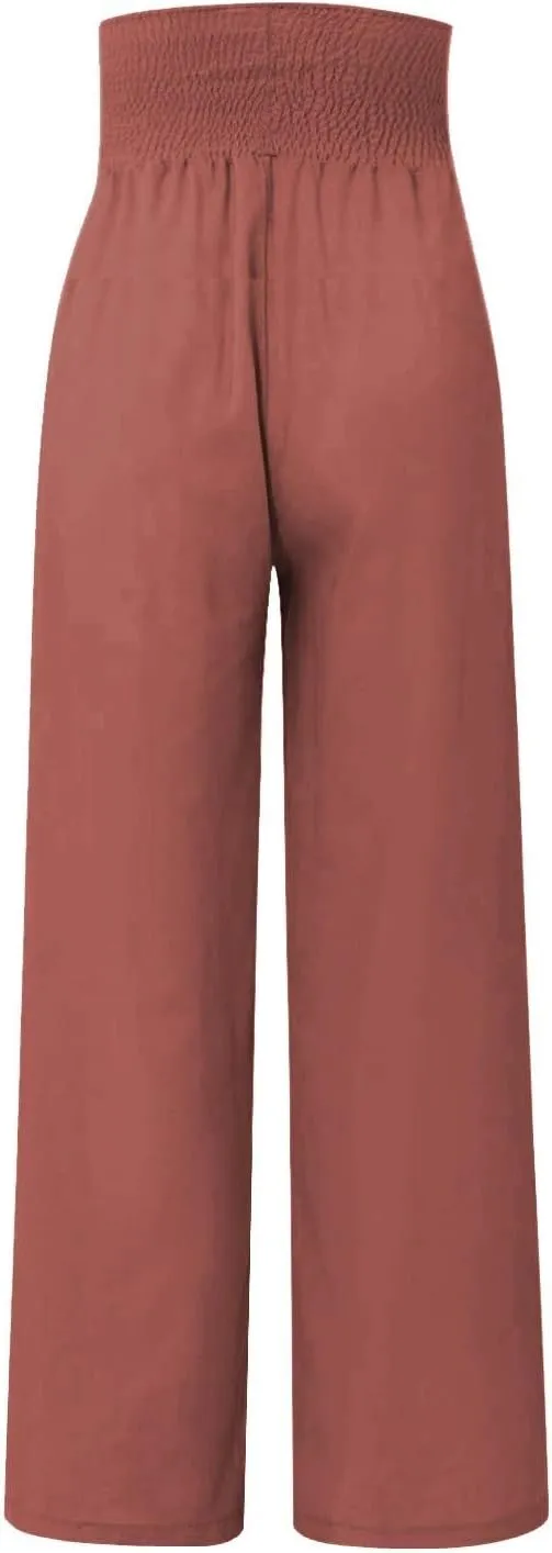 Women Linen Palazzo Pants Summer Boho Wide Leg High Waist Casual Lounge Slacks 2025 Beach Travel Vacation Outfits