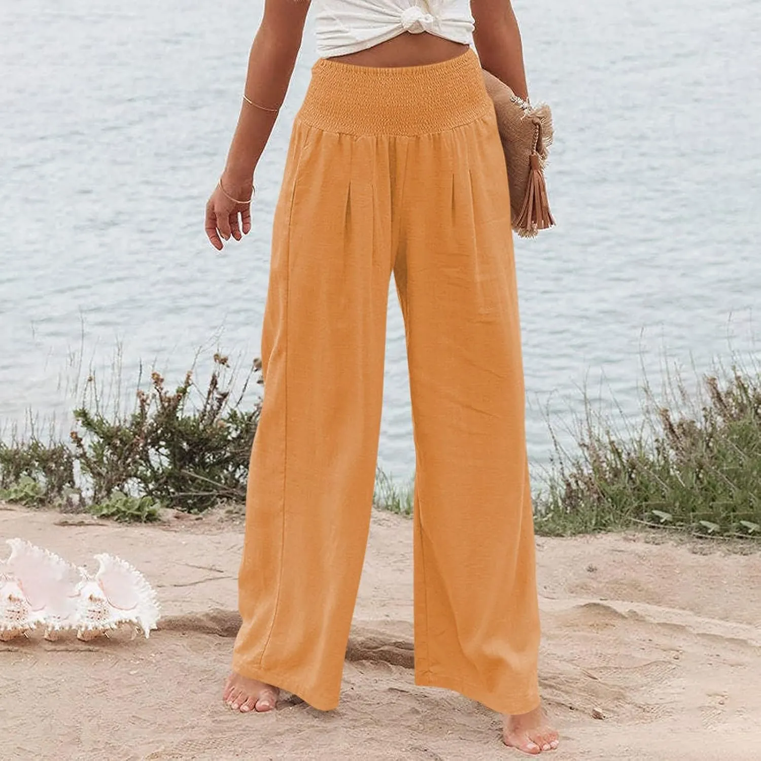Women Linen Palazzo Pants Summer Boho Wide Leg High Waist Casual Lounge Slacks 2025 Beach Travel Vacation Outfits