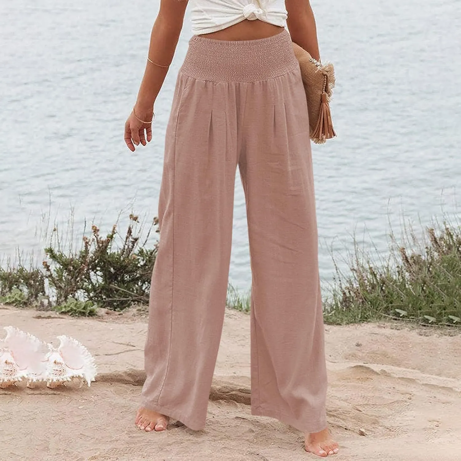 Women Linen Palazzo Pants Summer Boho Wide Leg High Waist Casual Lounge Slacks 2025 Beach Travel Vacation Outfits