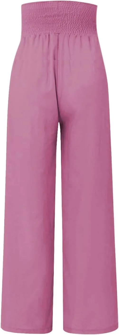 Women Linen Palazzo Pants Summer Boho Wide Leg High Waist Casual Lounge Slacks 2025 Beach Travel Vacation Outfits